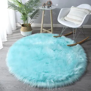 HARESLE Kleiner Runder Kunstfell Teppich Hellblau 50cm Teppiche für Lounge | Flauschig, Waschbar, Hochflor 6 cm, Kunstwildleder, Rutschfeste, für Wohnzimmer, Kinderzimmer, Babyzimmer