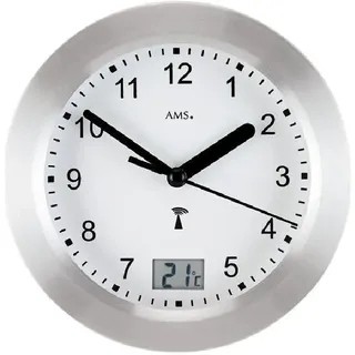 AMS 5923 Wanduhr Baduhr Badezimmeruhr Funk silbern wasserdicht mit Thermometer - Silber