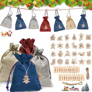 Adventskalender zum Befüllen, Weihnachten DIY, 24 Säckchen, Zahlen-Holzanhänger, Geschenksäckchen