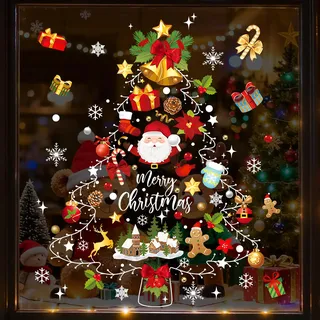 Hillylolly Weihnachten Fenstersticker, 67×70 cm Weihnachts Fenster Aufkleber, Wandtattoo Weihnachtsbaum, Weihnacht Fensterdeko, Fensterbild Weihnachtsmann, Fensterbilder Weihnachten (Weißgrün, L)
