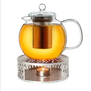 Creano Teekanne aus Glas 1,3l + ein Stövchen aus Edelstahl, 3-teilige Glasteekanne mit integriertem Edelstahl Sieb und Glasdeckel, ideal zur Zubereitung von losen Tees, tropffrei