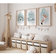 MeinBaby123® Bilder Kinderzimmer | 3er Set DIN A2 Poster Set | Kinderzimmer Poster | Deko Bilder Kinderzimmer Mädchen und Jungen | Babyzimmer Deko (Fuchs & Luftballon mint A2)