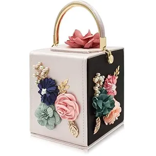 Milisente Damen Abend Clutch-Bag für Floral Square Box-Abend-Beutel Crossbody Schulter Handtaschen Blumen-Hochzeit Kupplungs-Geldbeutel Mittel schwarz Beige