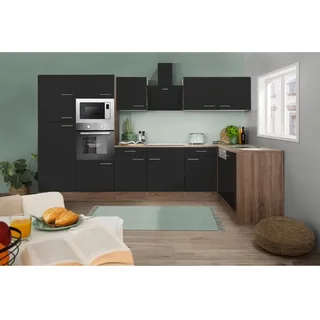Respekta Winkelküche Oliver L-Form 340 x 172 cm E-Geräte schwarz seidenglanz/eiche york nachbildung