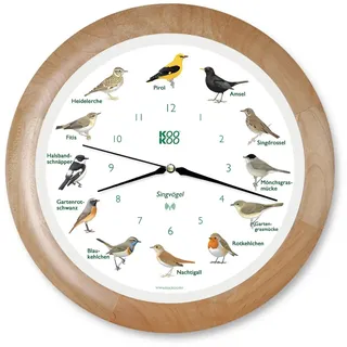 KOOKOO Singvögel Holz, Die Singende Vogeluhr, mit 12 heimischen Singvögeln und echten, natürlichen Vogelstimmen, mit RC Funkquarzwerk