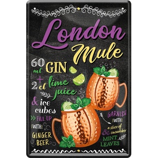 WOGEKA ART Retro Blechschild - London Mule - Gin Cocktail Rezept als Geschenk-Idee zum Geburtstag Weihnachten zur Deko für Haus-Bar Pub Kneipe 20x30 cm Vintage-Design Metall 256