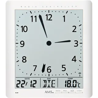 AMS Funk-Wanduhr, Funkwerk mit analoger Zeitanzeige und digitaler Anzeige von Zeit Datum Wochentag Temperatur, 21x24x3cm, 5896 - Weiß