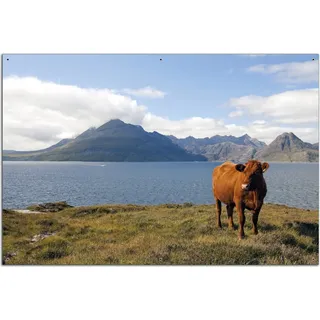 Wallario Outdoor-Poster für Garten oder Balkon, Motiv Kuh in den Bergen, in ca. 61 x 91,50 cm - Blau