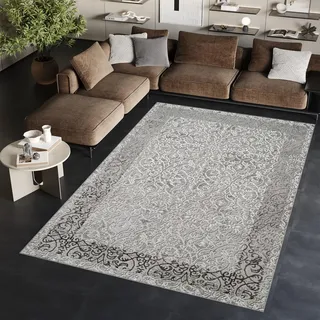 TAPISO Ares Teppich Kurzflor Glänzend Hellgrau Weiß Blumen 250 x 350 cm | Bordüre Barock Klassisch 3D Effekt Wohnzimmer Schlafzimmer OEKO-TEX