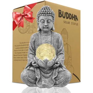 Yeomoo Solar Buddha Figur mit Lotus Glaskugel: Zen Gartendeko Grau 26.5CM | Wetterfeste Meditating Buddha Mit Solarlampe, Geschenke für Mama/Frauen Japanische Zen Deko für Balkon Garten Terrasse Zimmer