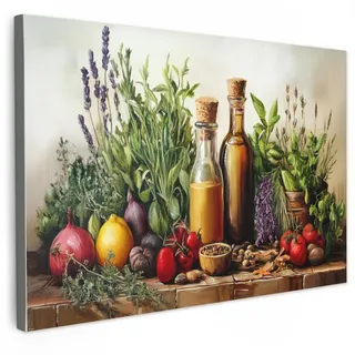 MuchoWow Leinwandbild Stilleben - Kräuter - Gewürze - Früchte - Farbenfroh XXL 150x100 cm , Grün , Textil , Kiefer , Rechteckig , 150x100 cm , FSC 100% , gerahmt , Bilder & Rahmen, Bilder, Leinwandbilder