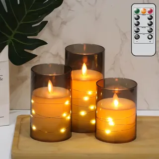 Eldnacele LED Kerzen mit Lichterkette, flammenlose Kerzen mit Timerfunktion, bewegliche Flamme, Batteriebetriebene 3-teilige led Kerzen-Set mit Fernbedienung, Art Zimmer Deko, Grau