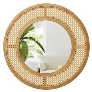 FANTASK Runder Wandspiegel Rattan, ∅ 65 cm, dekorativer Spiegel mit Holzrahmen & Aluminiumglas & Haken, Dekospiegel Wandmontage