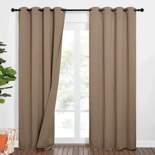 PONY DANCE Dicke Vorhänge gegen Kälte Lärmschutz Vorhang Verdunkelung | 2er Set H213 x B132 cm, Thermo Gardinen Kälteschutz, Schallschutzvorhang, Ösen, für Schlafzimmer Wohnzimmer, Cappuccino
