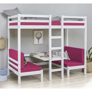 Hoppekids Hochbett »ECO Dream JUMBO B/T/H 101/208/170 cm, umbaubar zum Etagenbett«, mit Sitzgruppe, Matratzen (oben u unten) in pink, Kiefer massiv/MDF weiß