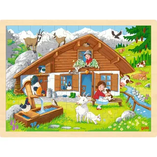 goki 57381 - Einlegepuzzle Auf der ALM aus Holz, Holzpuzzle mit Berglandschaft, Lernspielzeug und Kinderpuzzle, fördert Fantasie und Motorik der Kinder, 40cm x 30cm, 96er Set, ab 3 Jahre