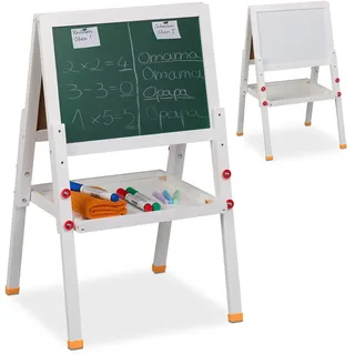 Relaxdays Kinderstandtafel, beidseitig magnetisch, höhenverstellbar, HBT 77x39x44,5 cm, Whiteboard & Kreidetafel, weiß