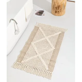 JaeMoose Baumwolle Teppich Getuftet Baumwollteppich Waschbar Retro Flur Teppich mit Quasten Marokkanisch Boho Teppiche für Wohnzimmer Schlafzimmer Eingangstür (Hellbraun, 60 x 130 cm)