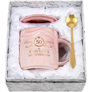 Joymaking 50. Geburtstag Geschenk für Frauen 12oz rosa Kaffeetasse mit Geschenkpackung, Geburtstagsgeschenk für Mutter Mitarbeiter Freund Chef, Kaffee Tasse für Geburtstagsgeschenk Weihnachten