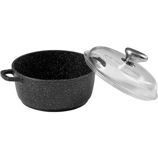Pradel Excellence, PCUI001010, Kochtopf Premium, Aluguss Ø20cm, Glasdeckel, Antihaftbeschichtung in Steinoptik, 2 Griffschützer, alle Herdarten, Schwarz