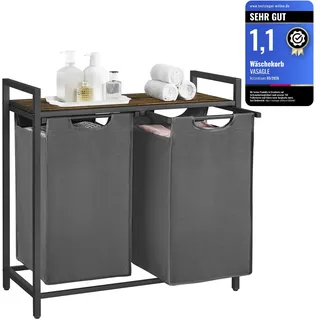 VASAGLE Wäschekorb 2 Fächer, Wäschesammler mit Ablage, Wäschebox, Wäschesack aus Oxford-Gewebe abnehmbar, Metallrahmen, 2 x 46 L, 73 x 33 x 72 cm, schiefergrau-vintagebraun BLH201G01