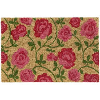 Relaxdays Fußmatte Kokos, Rosen-Motiv, Fußabtreter 40x60 cm, Türvorleger innen & außen, rutschfest, Türmatte, pink/Natur