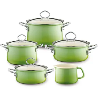 Riess, 0584-036 Topfset 5-tlg. SMARAGD bestehend aus 2 x Fleischtopf mit Glasdeckel (16 und 20 cm), 2 x Kasserolle mit Glasdeckel (16 und 20 cm) und Schnabeltopf 12 cm