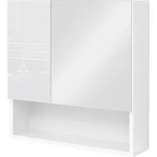 Badezimmer-Schrank mit Spiegelschranktür - Wandregal mit offenen Fach - Verstellbare Schubladen - Weiß - 54 x 15 x 55 cm