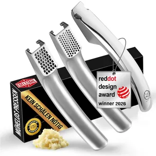 gourmet easy Knoblauchpresse Edelstahl Set mit 2 Aufsätzen | Knoblauch Presse für Knoblauchpaste & Stücke | Garlic Press für Knoblauch & Ingwer (kein Schälen notwendig) | Spülmaschinenfest Lebenszeit-Garantie