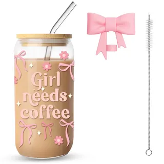 FIDWALL 16oz/500ml Glas mit Deckel und Strohhalm, Ästhetischer Becher mit Schleife für Iced Coffee, Matcha, Smoothie – Clean Girl Stuff, Aesthetic Matcha Glas für Frauen & Mädchen (Kaffeegirl Becher)