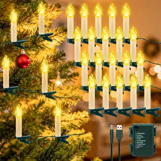 cshare 30er Christbaumkerzen Led, 10M Lichterkette Kerzen Weihnachtsbaum Beleuchtung mit Kabel Clip USB/Batteriebetrieb mit Timer, für Fenster Kamine Weihnachtsbaum Deko Innen Warmweiß