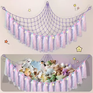 Lunriwis Kuscheltier Aufbewahrung Netz mit LED-Leuchten, Boho Makramee Spielzeug kinderzimmer deko, StofftieStofftier Aufbewahrungstasche Hängematte Aufbewahrung Kuscheltiere Lila