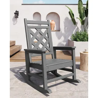 GarveeHome Wetterfester Schaukelstuhl Aus HDPE, Outdoor-Loungesessel Mit Karierte Rückenlehne Und Armlehnen, Großer Schaukelstuhl Mit Hoher Rückenlehne, Für Pool Und Terrasse, 61 x 89 x 102 cm