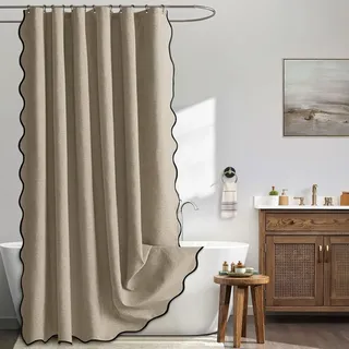 Homxi Duschvorhang Antischimmel Wasserdicht 200 x 200, Einfarbig Khaki mit Schwarz Welle, Duschvorhänge für Badewannen mit 12 Duschvorhängeringen