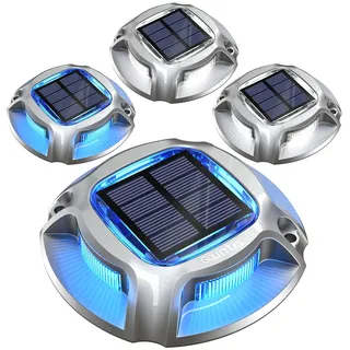 Quntis IP68 Solar Bodenleuchten Außen 4Pack Aluminium Solar Deck lights Outdoor Blau/Weiß, 20 Tonnen belastbar, Wasserdichte Solarlampen Solarleuchten Bodenstrahler für Garten Weg Deck Garage Hof
