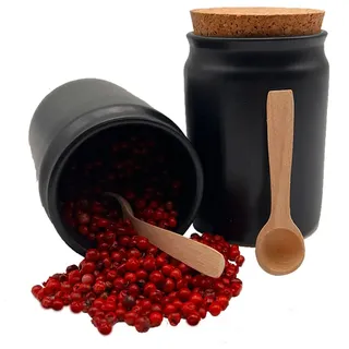 mikken 2 Keramik Gewürzdosen schwarz rund 200 ml mit Kork-Deckel inkl. Dosierlöffel und Etiketten