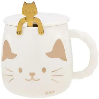 lachineuse – Porzellantasse mit japanischer Katze – mit Deckel und Löffel – 425 ml – Frühstück und Entspannungspause – Kaffee, Tee, heiße Schokolade – asiatische Geschenkidee – Farbe Weiß und Gold