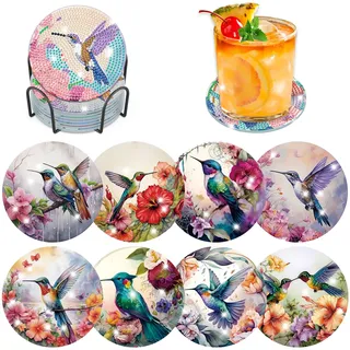 Lxmsja 8 STK Diamond Painting Untersetzer mit Halter, Diamond Painting Vogel, Diamant Painting Bilder Erwachsene Kinder, Diamant Tassenuntersetzer mit Kork, Basteln Erwachsene Frauen