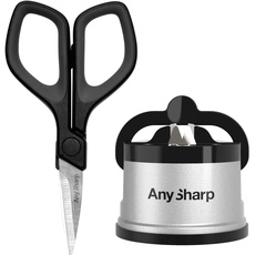 AnySharp - Messerschärfgerät & Mini-Schere Bundle | Sicher & Freihändig Schärfen | Hochwertige Stahlschere | Platzsparendes Design, Silber, Acrylnitril-Butadien-Styrol