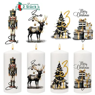 Joxessaien 2er Set Advent Kerzen Tattoo 6-8cm | Adventskalender Zahlen & Nussknacker Hirsch | Weihnachts Kerzenaufkleber Stumpenkerze Schwarz Gold