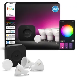 Philips Hue Starter Kit: Bridge Pro + 3 GU10 Smarte Glühbirnen + Smart Button, White and Color Ambiance, Smart Light Hub, kompatibel mit Alexa, Google Assistant, Samsung SmartThings, Apple Home