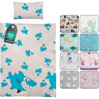 BaSaTex Kinder Baby Bettwäsche Set für Mädchen und Jungen | 100x135 cm + 40x60 cm | 100% Polyester Mikrofaser | Reißverschluss | Sharky Hai| blau/Silber