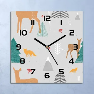 Wanduhr Echt-Glas-Küchenuhr Hirsch Waldtiere Quarz Lautlos 30x30 Deko Bilder - Orange