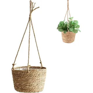 Ajxwde Hängender Pflanzkorb aus Seegras, 20cm Seegras Pflanzentopf, Blumentöpfe Hängende, Blumenampel Hängend Innen, für den Innenbereich, Hängende Pflanzgefäße für Wände und Decken(Brown)