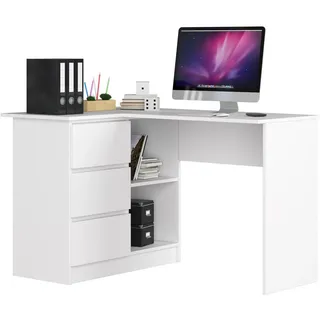 Akord Eckschreibtisch Weiß 124x85x77 cm , Holzwerkstoff , 3 Schubladen , L-Form,Formgebogen,Formgebogen , 124x77x85 cm , Büromöbel, Schreibtische, Eckschreibtische