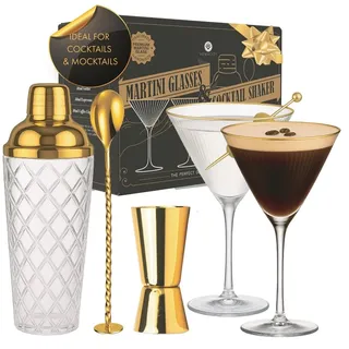 Vemacity Cocktail Set– Glas Cocktail Shaker (500ml) + 2 Espresso Martini Gläser mit Goldrand, Bar Spoon & Jigger | Barkeeper-Set | Cocktailgläser + Cocktailshaker | Ideal für Weihnachten und Neujahr