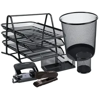 Leviatan 1410 Schreibtischset Schreibtisch Organizer Ordnungssystem Tisch Organizer Metall Stifteköcher Multifunktions Heftgerät Locher Büroorganizer schwarz