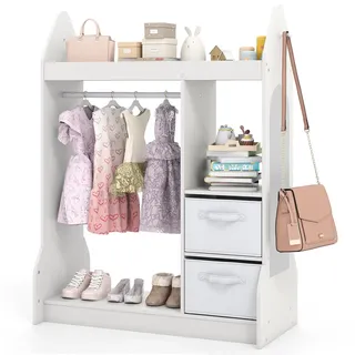 COSTWAY Kindergarderobe mit Spiegel, Kinderkleiderschrank mit Kleiderstange, 2 Stoffschubladen & Haken, Kinder Garderobe aus Holz mit Ablagen, für Kinderzimmer, 81 x 38 x 107 cm (Weiß)