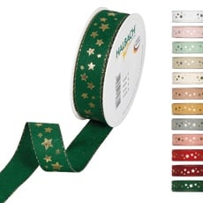 Halbach Seidenbänder Weihnachtsband 25 mm x 18 m Geschenkband für Weihnachten zum Einpacken von Geschenken, Schleifenband mit Sternen in Gold bedruckt und Lurexkanten, Farbe: Grün