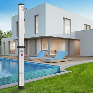 Solardusche 40 Liter - Gartendusche Solar Warmes Wasser max. 60°C ohne Stromanschluss, Außendusche Pooldusche Camping inkl. Wasserhahn Duschkopf Gartenschlauch-Anschluss (Schwarz+Silber)